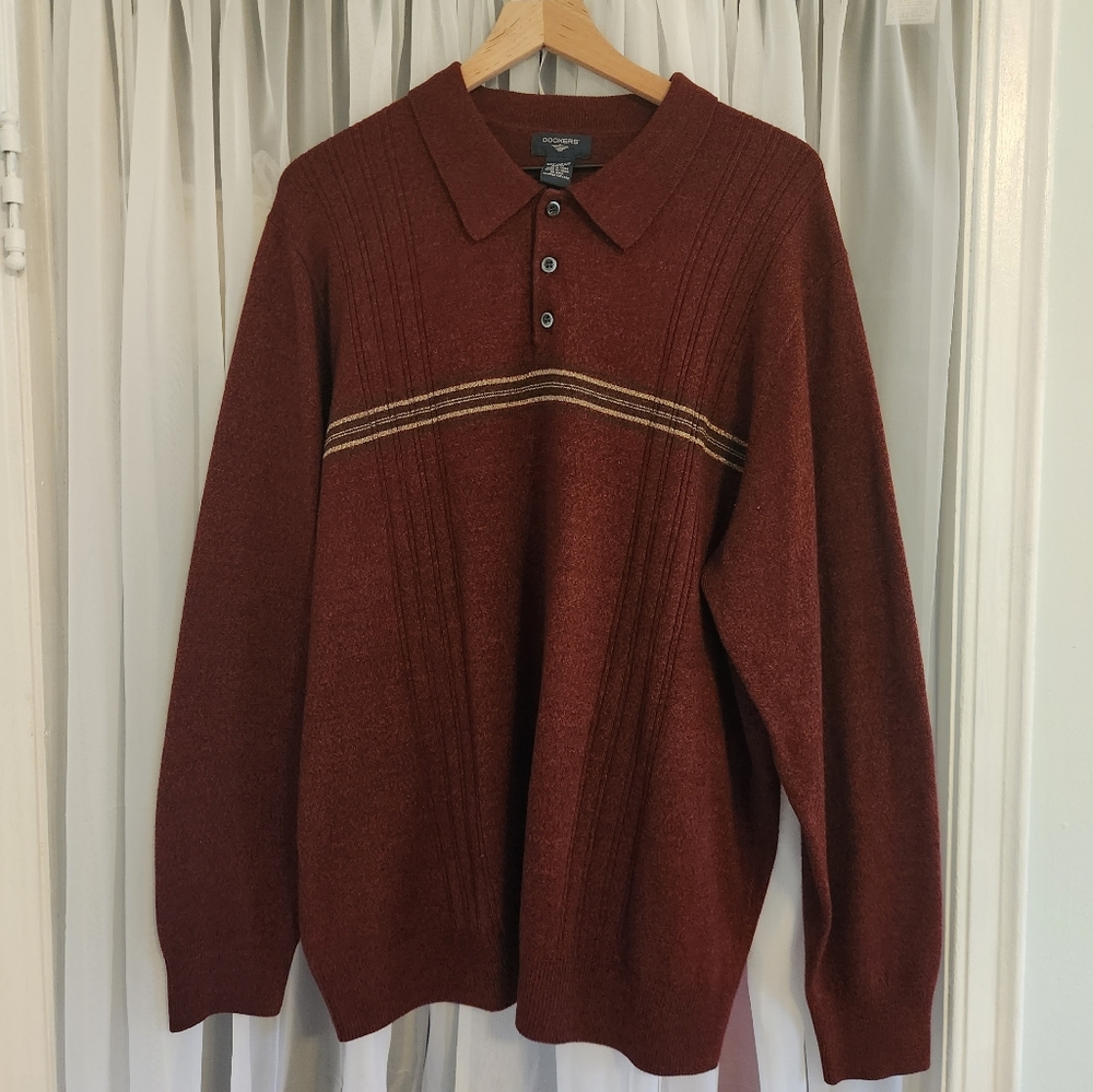 Men's red/burgundy long sleeve Dockers sweater polo, 2XL